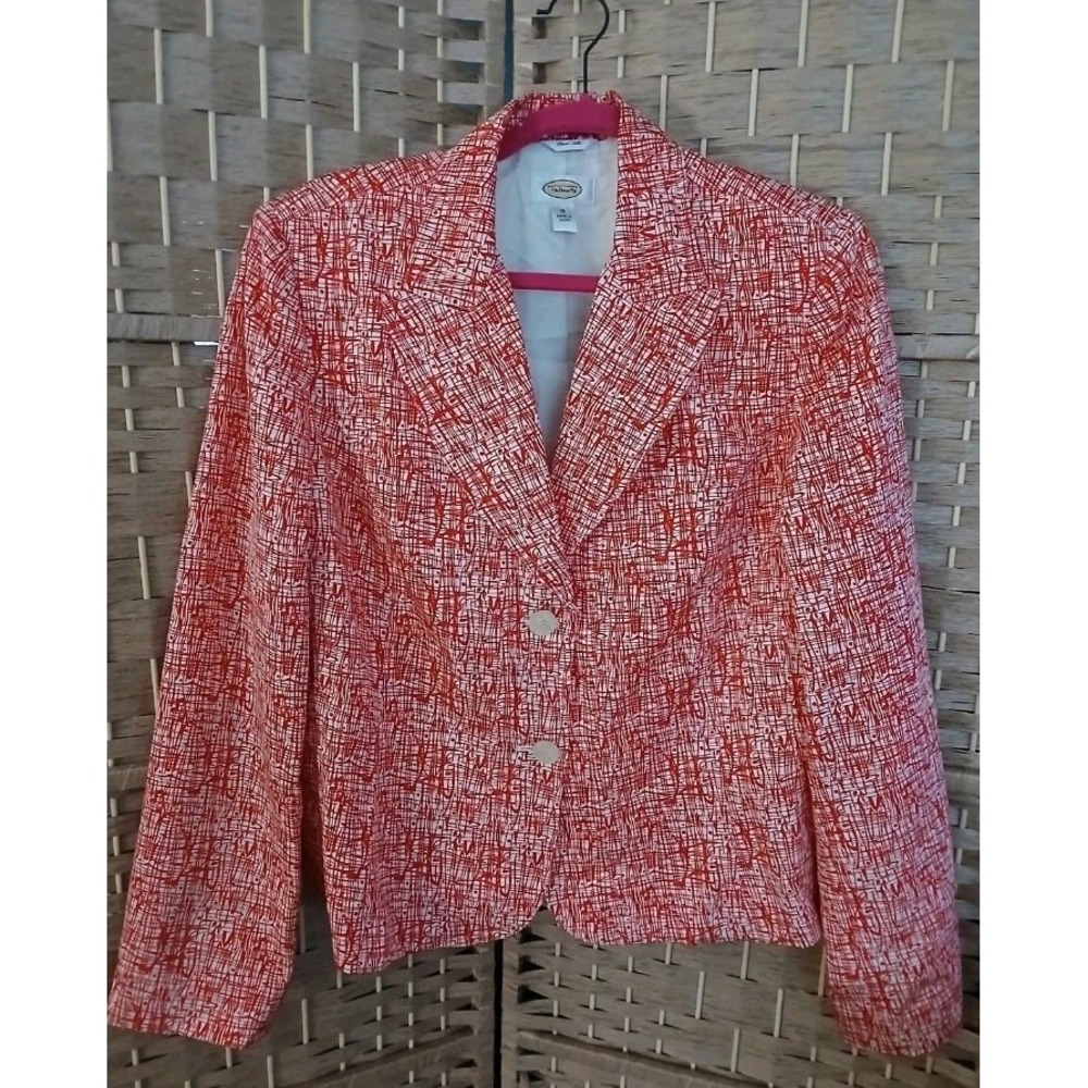 Vintage Talbots 100% Silk Red And White Abstract Blazer Jacket Sz 16